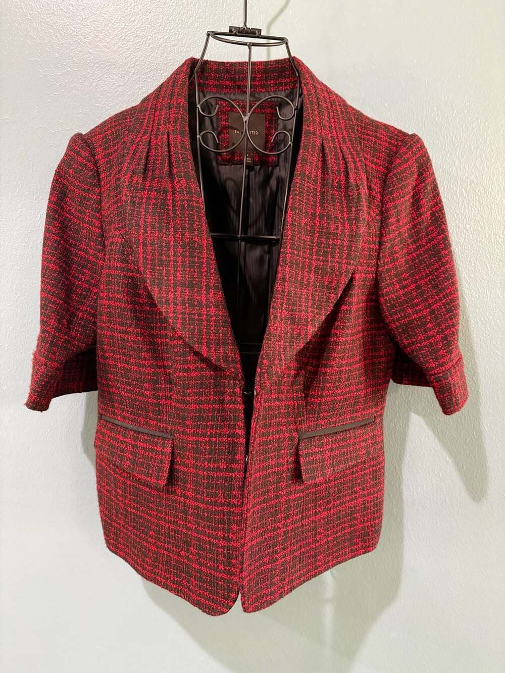 The Limited Tweed Blazer Size L Red Black Open Front 3/4 Sleeve